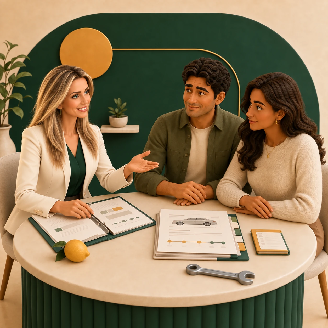 An attorney explaining California lemon law rights to a married couple reviewing repair documents